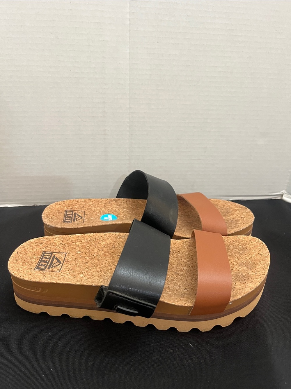 Reef Women's Dual-Band Cork Slide Sandal in Black and Brown